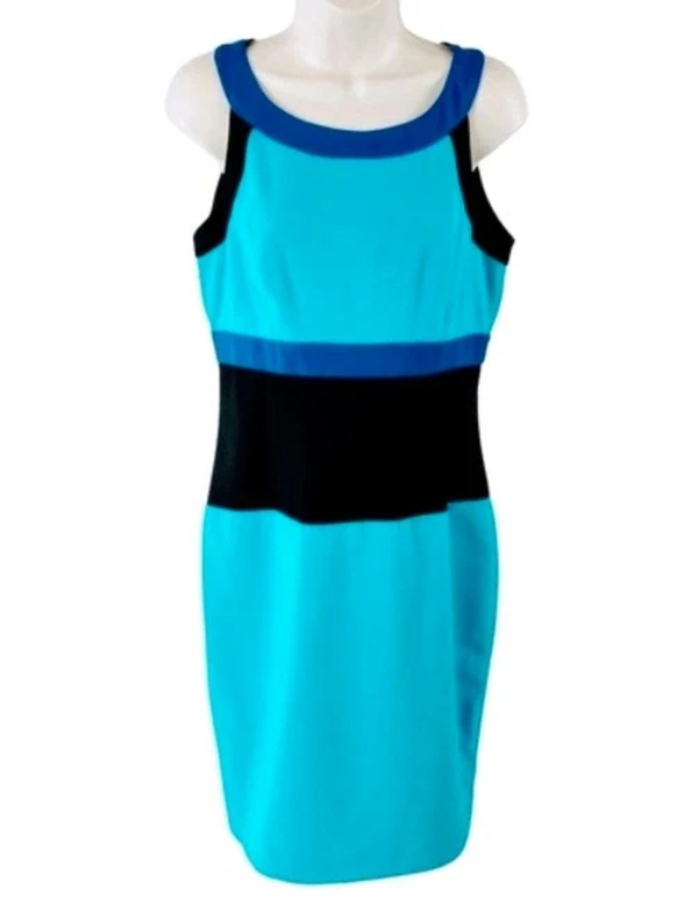 CALVIN KLEIN Turquoise, Blue, Black Sleeveless Color Block Midi Dress Size 8 EUC